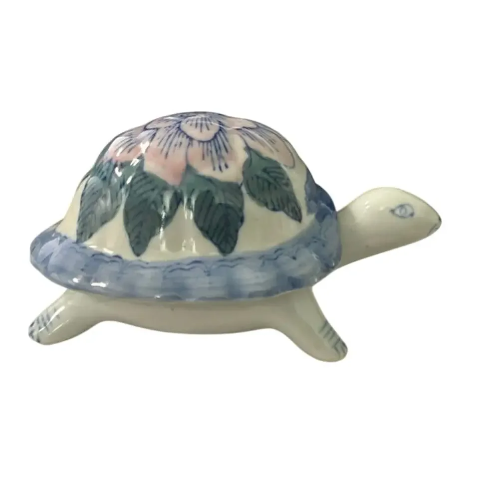 Vintage Ceramic Turtle Trinket Jewelery Box Lidded Pink Blue Flower 6